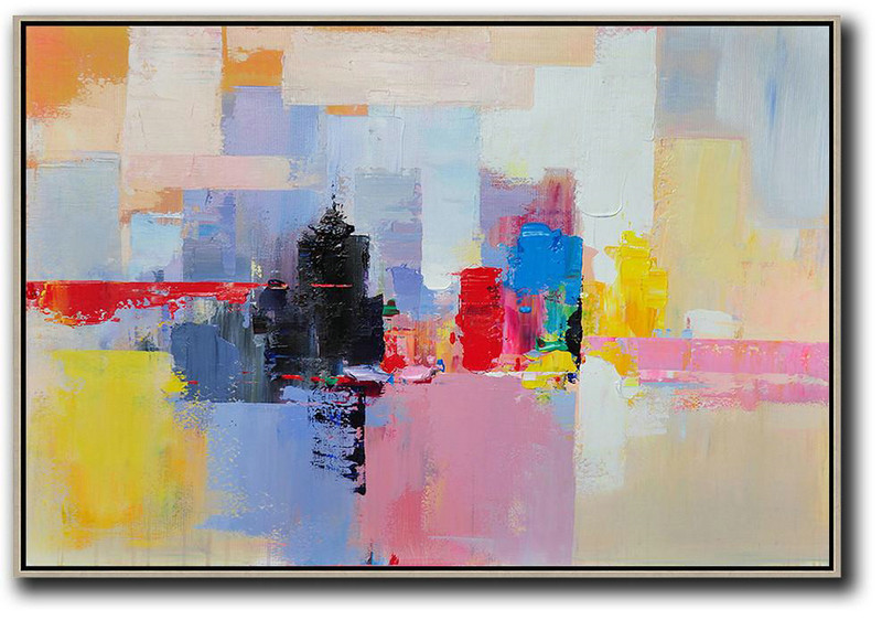 Original Extra Large Wall Art,Horizontal Abstract Landscape Art,Large Contemporary Art Canvas Painting White,Pink,Yellow,Black,Red